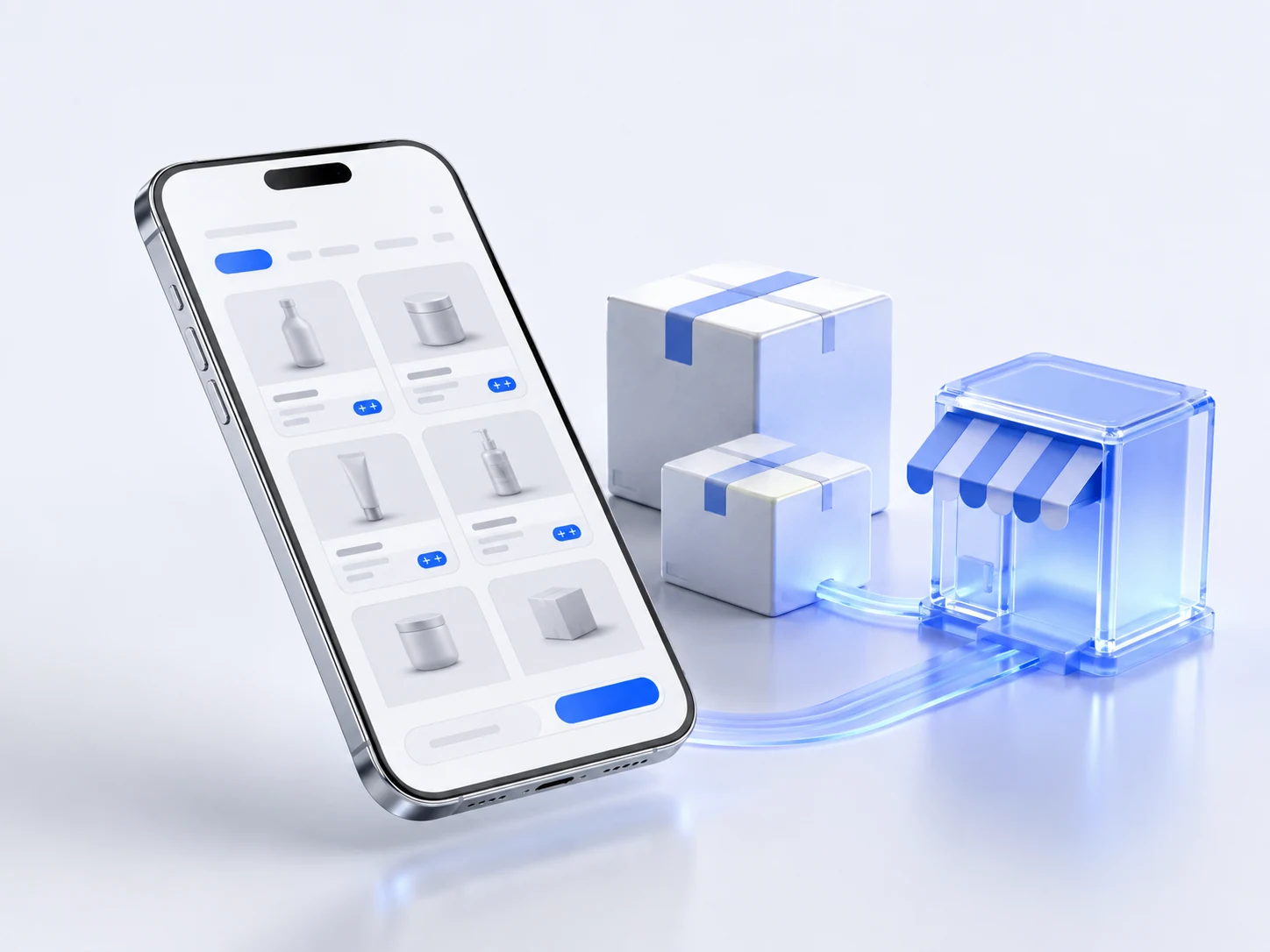 Conceptual retailer web ordering on a phone, connected to a storefront and delivery cartons.