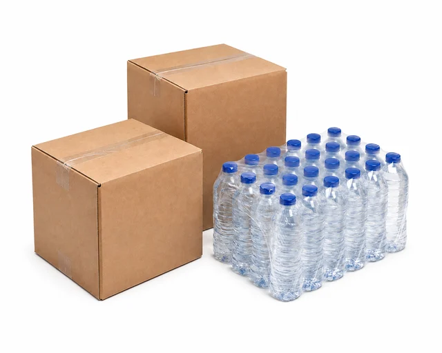 Photorealistic unbranded cartons and a case of bottled water.